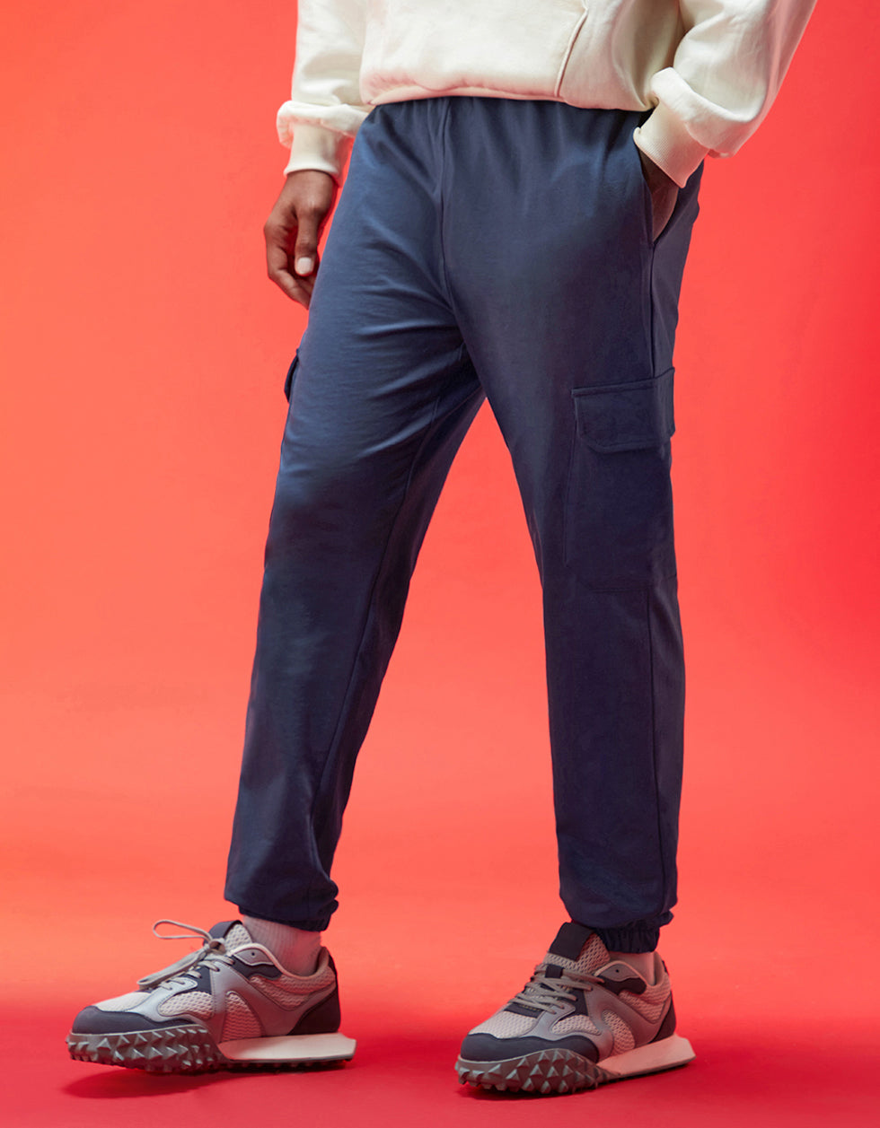 Skipper Blue Solid Baggy Fit Cargo Joggers