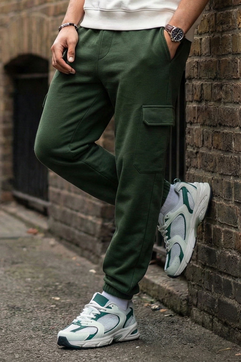 Olive Green Solid Baggy Fit Cargo Joggers