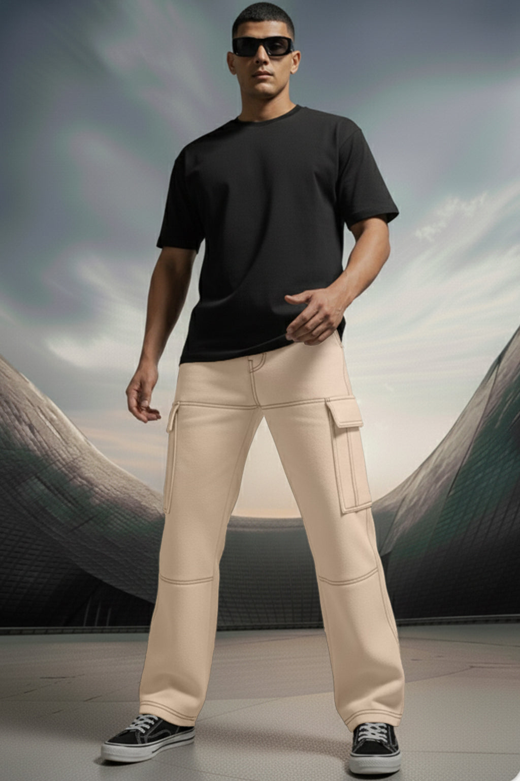 Beige Pure Woven Straight Fit 5 Pocket Cargo