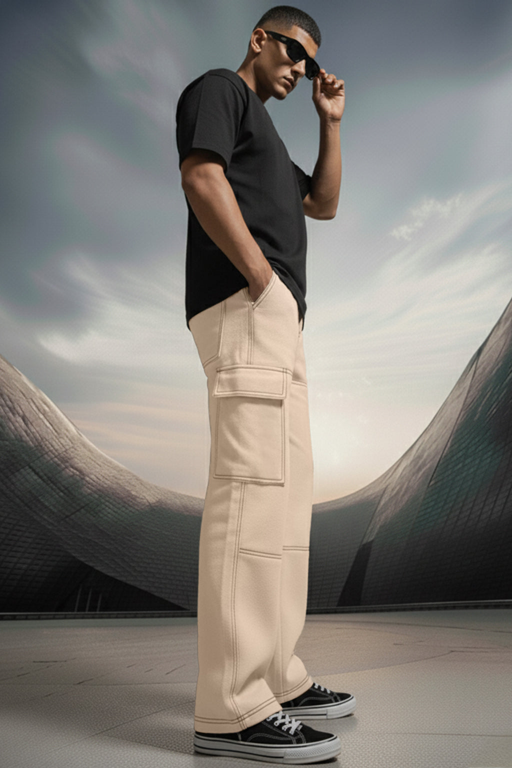 Beige Pure Woven Straight Fit 5 Pocket Cargo