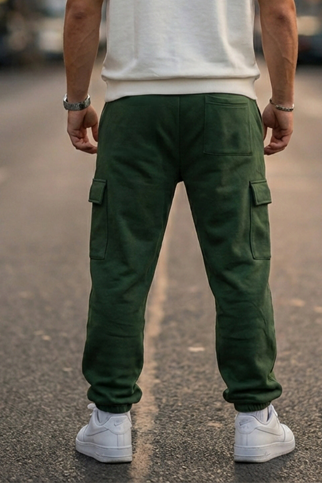 Olive Green Solid Baggy Fit Cargo Joggers