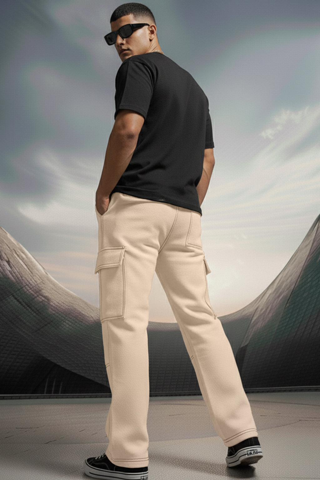 Beige Pure Woven Straight Fit 5 Pocket Cargo