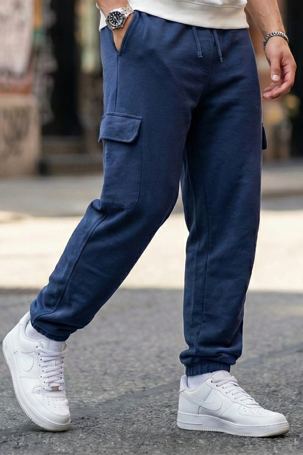 Navy Solid Baggy Fit Cargo Joggers