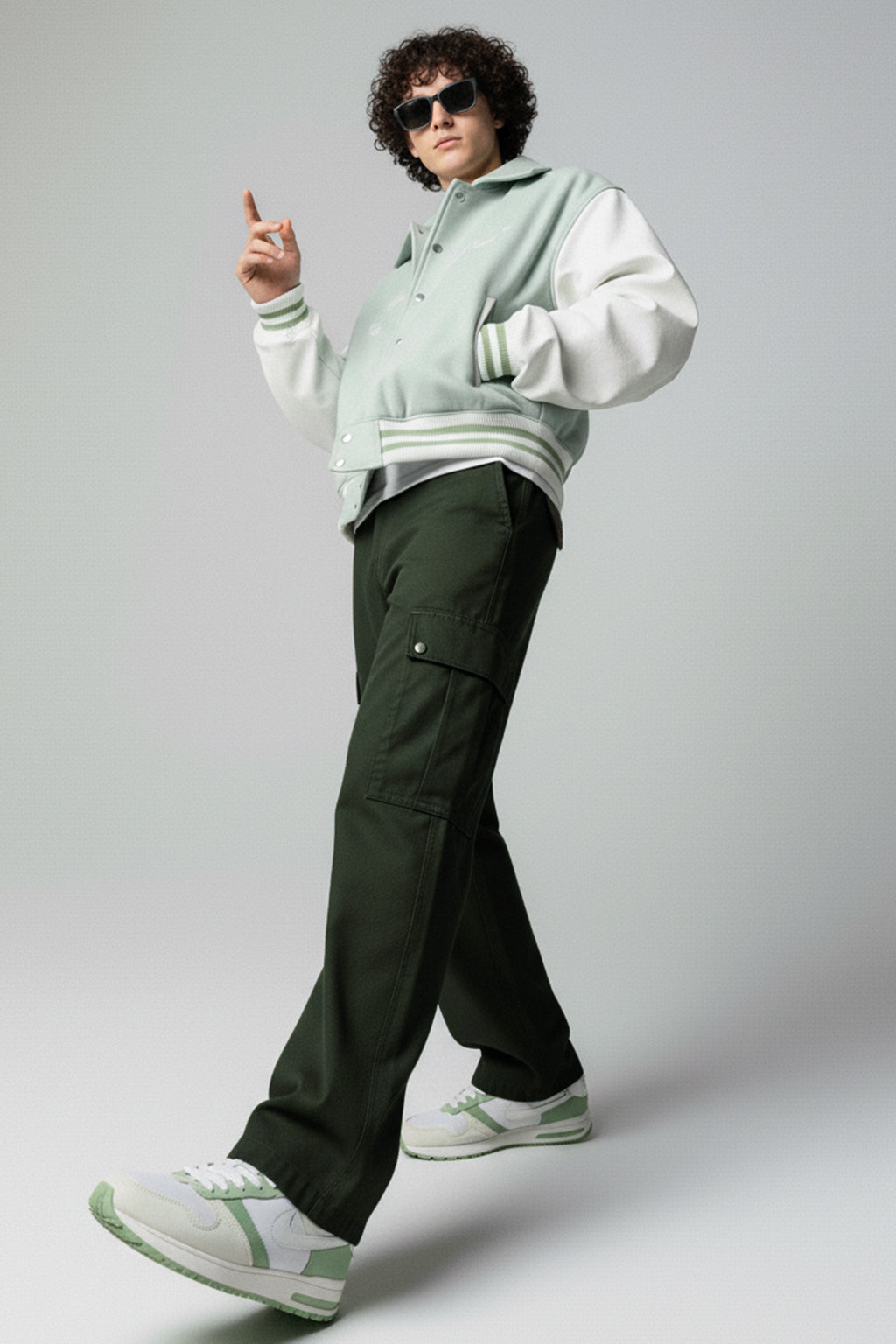 Olive Cut-n-sew Panel Woven Exclusive Cargo Pants with Rivets & Turn-up Hem