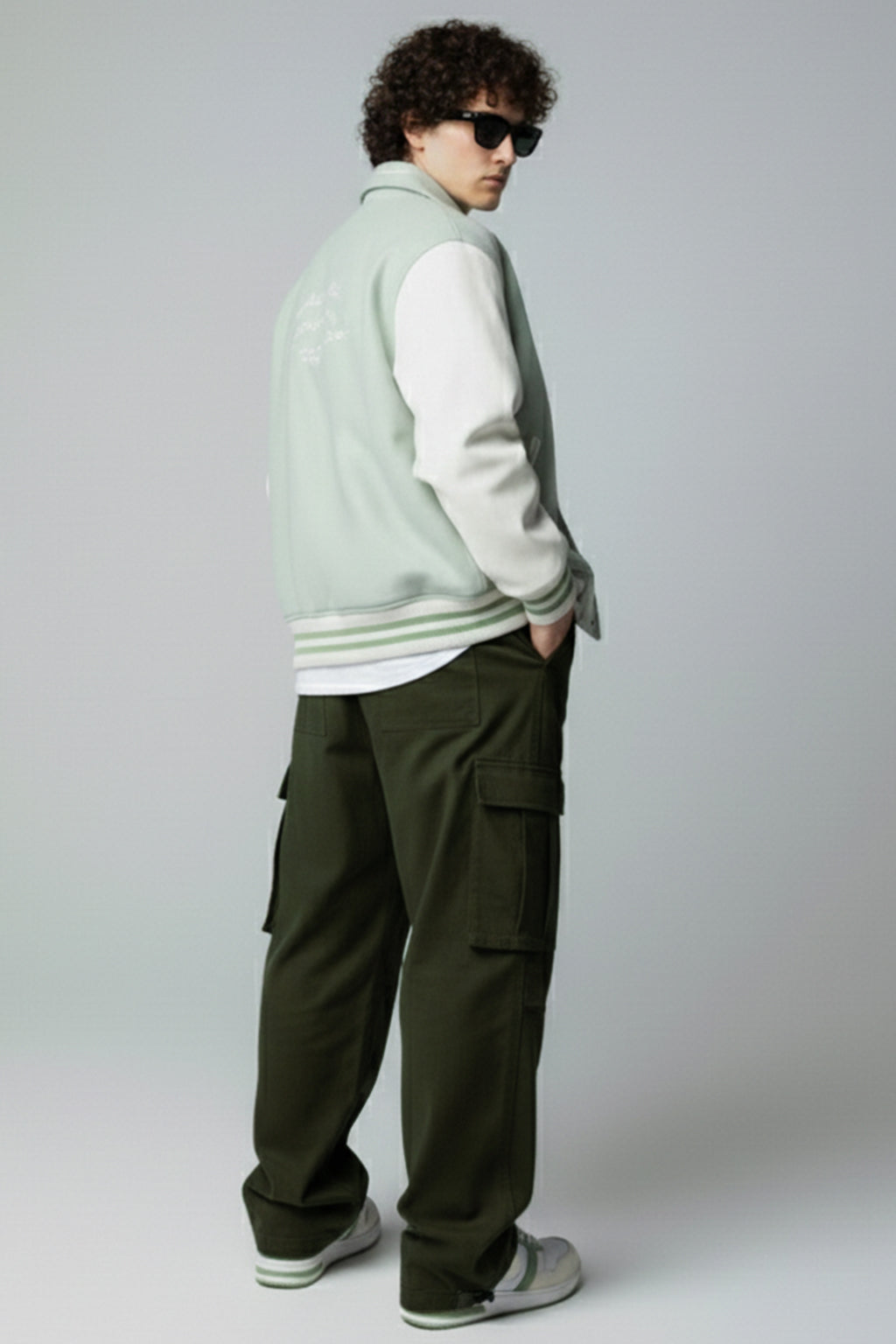 Olive Cut-n-sew Panel Woven Exclusive Cargo Pants with Rivets & Turn-up Hem