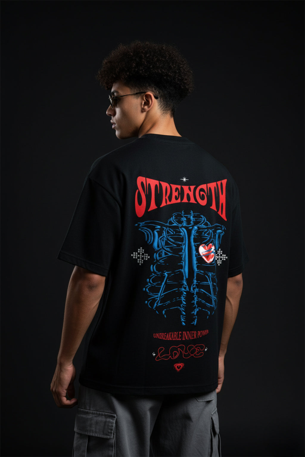 Strenght Black Oversized Puff Printed Exclusive T-shirt