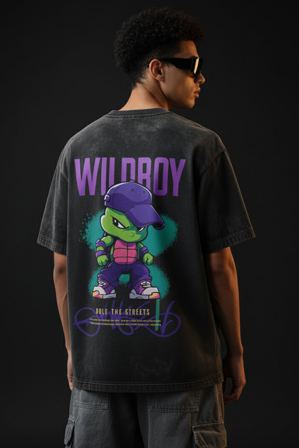 Wild Boy Black Oversized Acid Washed Graphic Back Printed Exclusive T-shirt