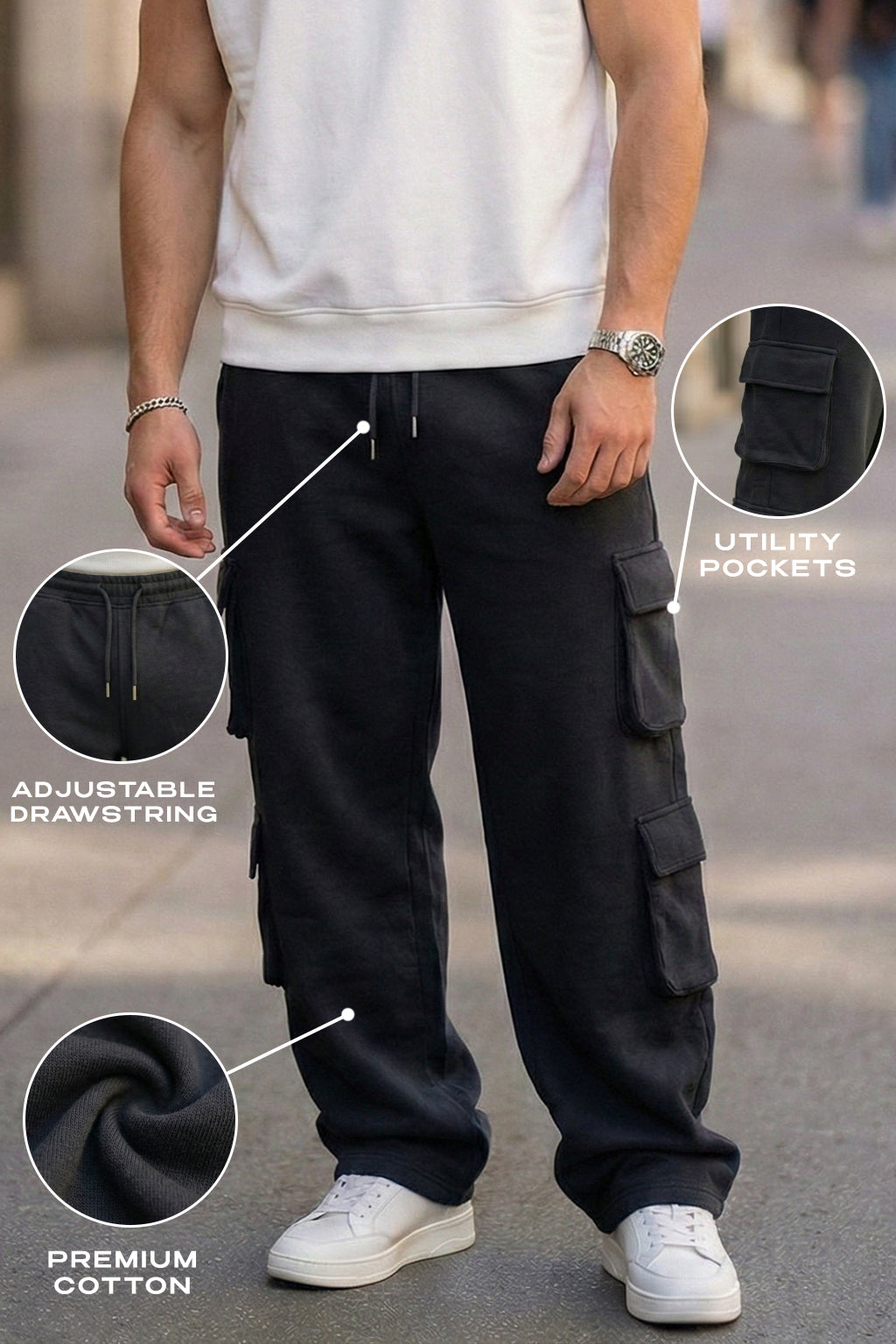 Black 6 Pocket Baggy Fit Exclusive Knitted Cargo Pant