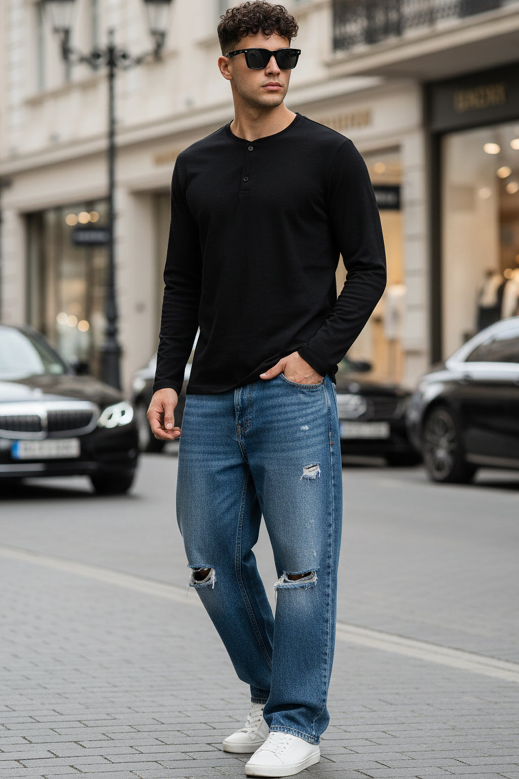 Henley Black Solid T-shirt