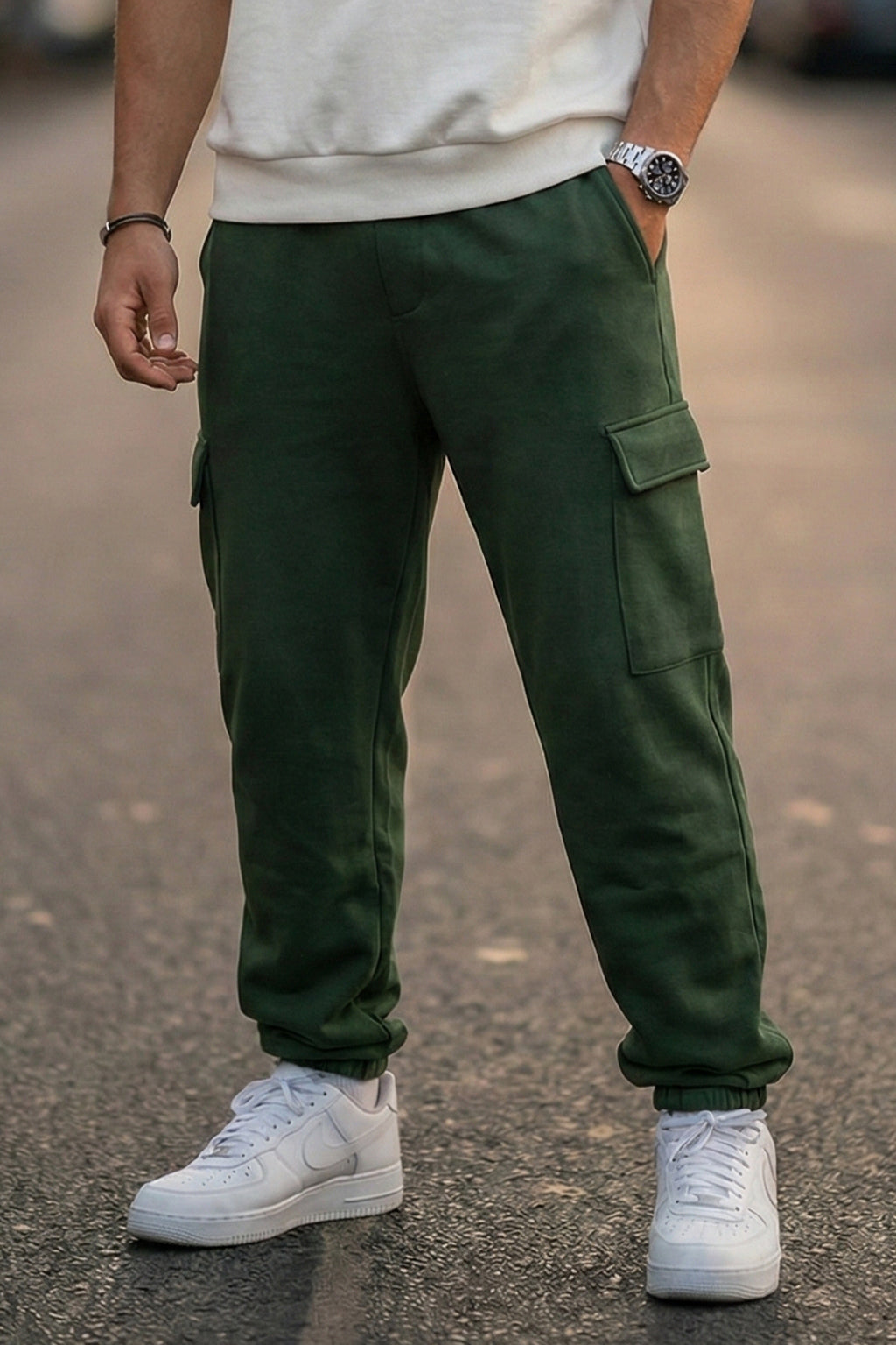 Olive Green Solid Baggy Fit Cargo Joggers