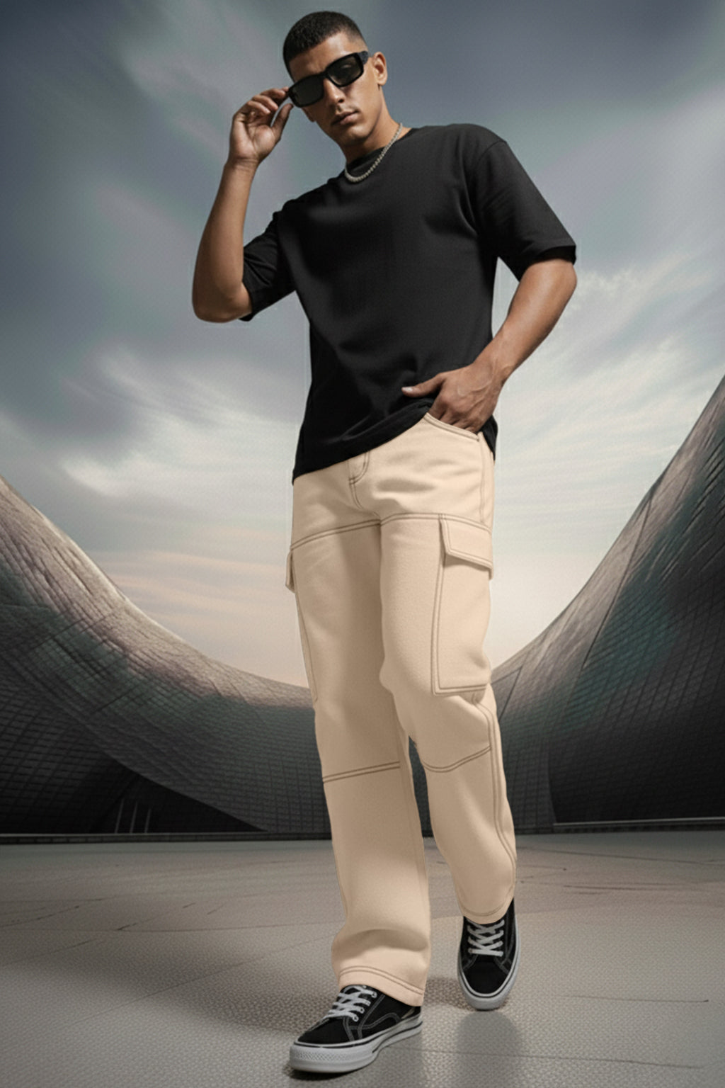 Beige Pure Woven Straight Fit 5 Pocket Cargo