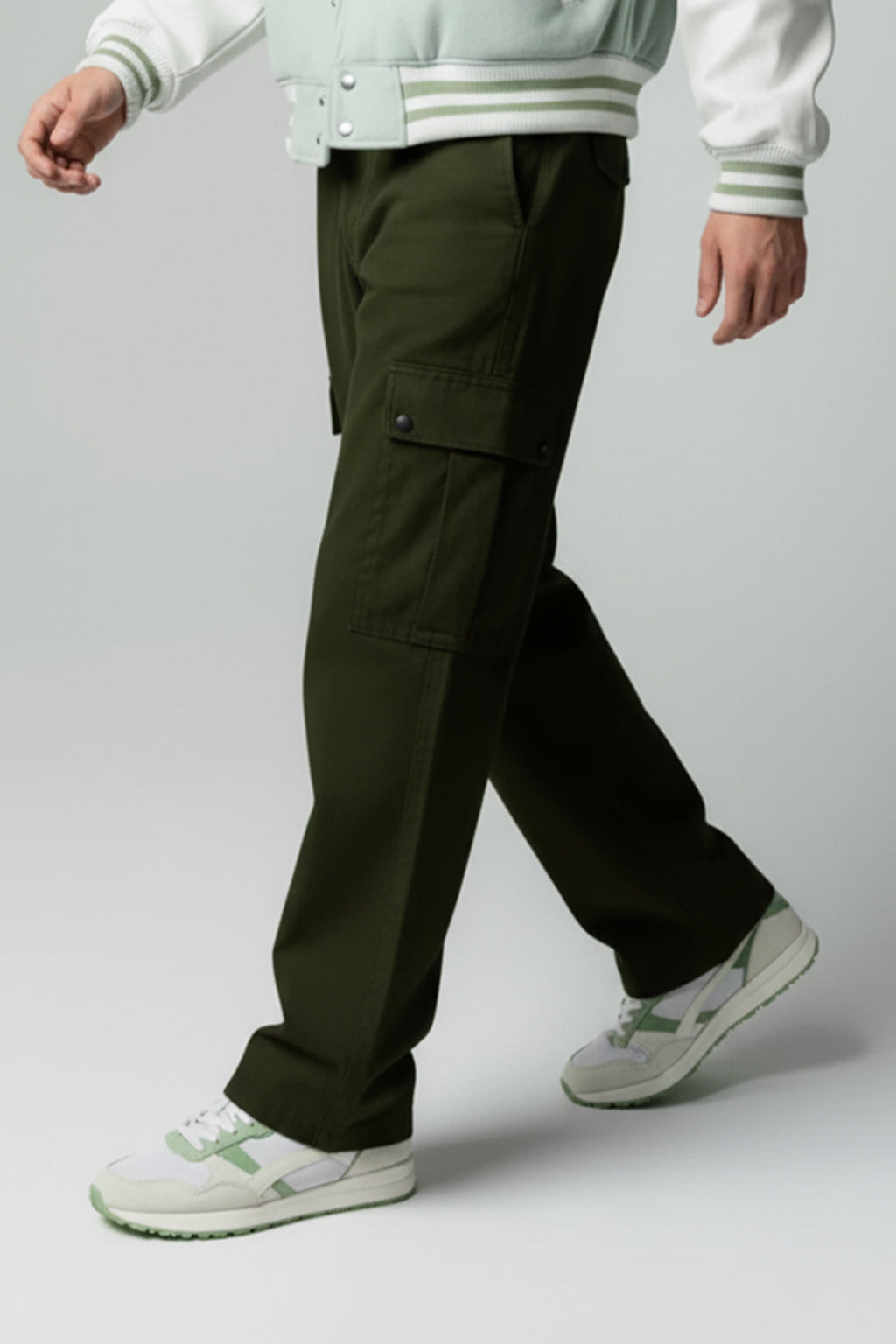 Olive Cut-n-sew Panel Woven Exclusive Cargo Pants with Rivets & Turn-up Hem