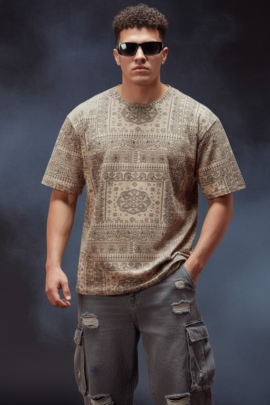Paisley Beige Oversized All Over Printed T-shirt