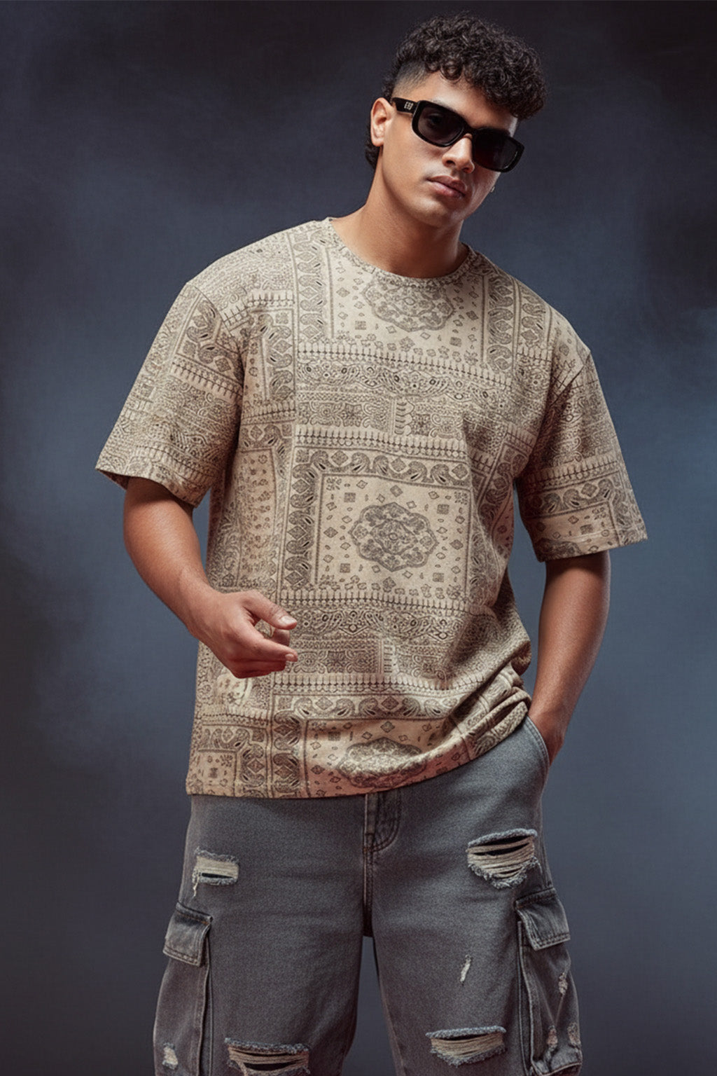 Paisley Beige Oversized All Over Printed T-shirt