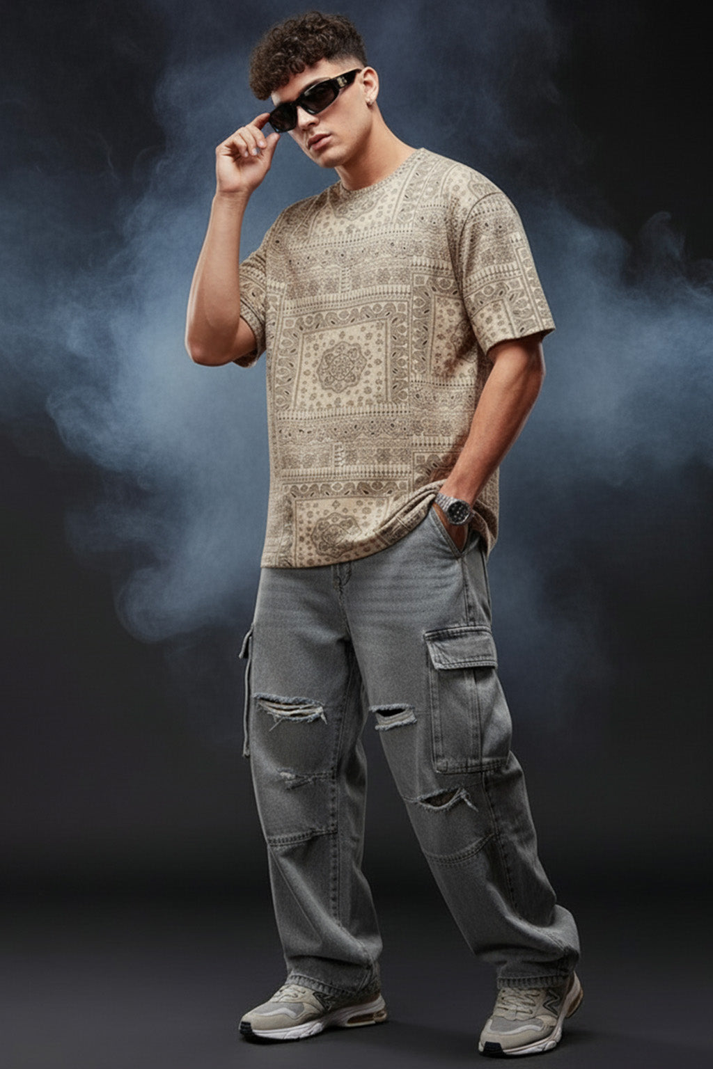 Paisley Beige Oversized All Over Printed T-shirt